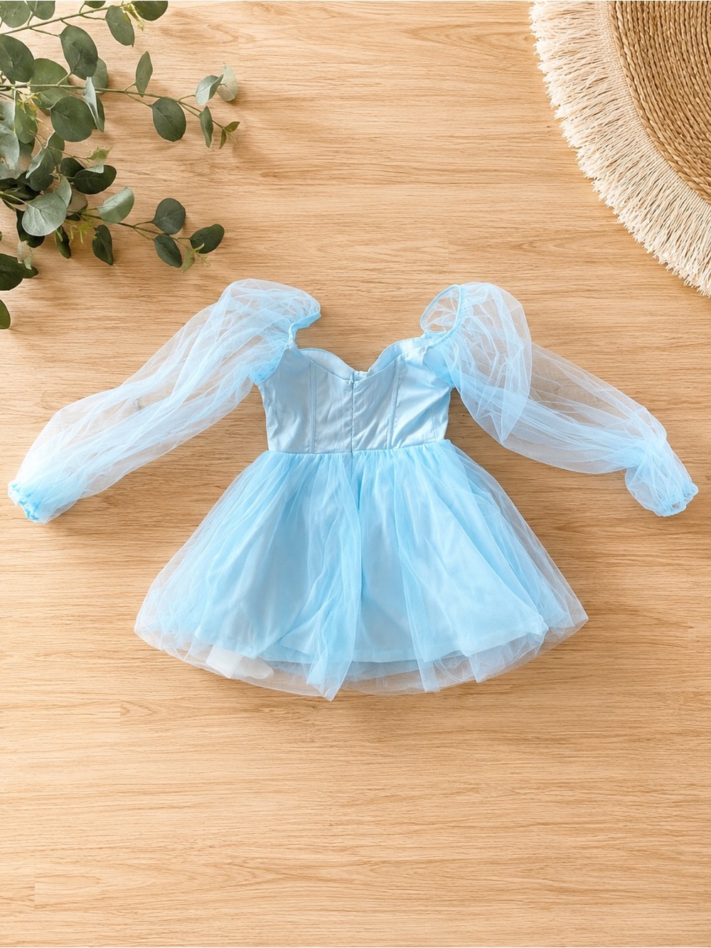Blue Mesh Puff-Sleeve Mini Dress - Picture 5 of 6